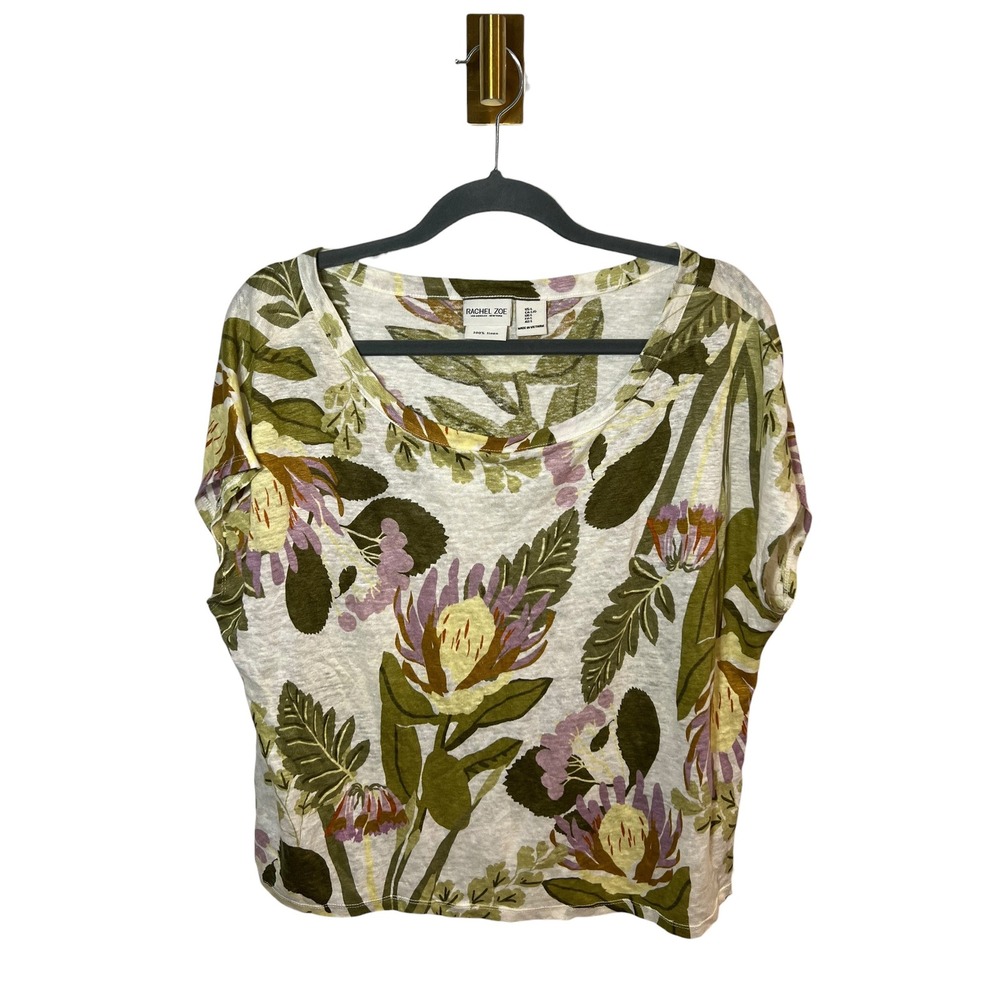 Rachel Zoe 100% Linen Floral Tropical Boxy Scoop Neck Summer Boho Coastal Large